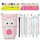 Hocadrv Cute Cat Stationery Set,1 Canvas Cat Telescopic Pouch Bag 12 Cat Gel Ink Rollerball Pens with 0.5 mm Refill 240 Cat Notes Page Flags Index Tabs for Boys Girls Students and Office Supplies