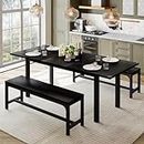 Feonase 63" Dining Table Set for 4-6, Extendable Dining Room Table with 2 Benches, 3 Pcs Kitchen Table for Small Space, Easy Clean, Black