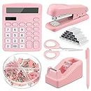 Breling 6 Set Desk Accessory Kit Office Supplies Include Cute Stapler Tape Dispenser Ballpoint Pen Binder Clips Paper Clips Scissor and Calculator for Girls Women Christmas Gift(Pink)