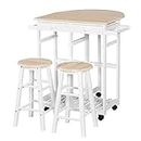 HOMCOM 3 Piece Kitchen Cart Set Drop Leaf Breakfast Table and 2 Stools with Rolling Wheels for Living Room Dorm Apartment