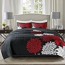Comfort Spaces Enya Quilt Set - Casual Floral Print Channel Stitching Design, All Season, Lightweight Coverlet, Cozy Bedding, Matching Shams, Decorative Pillows, King(104"x90"), Red/Black 3 Piece