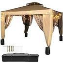 LOVSHARE 10x10ft Outdoor Intubated Canopy Gazebo Starter Kit, Equipped with Four Sandbags, Ground Spikes, Netting, Ropes, Carrying bag - Portable Brown Tent for Backyard, Patio and Lawn, Basic Version