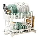 2 Tier Dish Drainer Rack with Swivel Drainage Spout,Dish Drying Rack, Cutlery Holder,Cup Holder,Cutting Board Holder,Drain Bowl Rack, Plates Bowls Rack Storage Organiser for Compact Kitchen Countertop