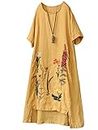 Minibee Women's Embroidered Linen Dress Summer A-Line Sundress Hi Low Tunic Clothing, Yellow, Large