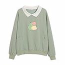 KIEKIECOO Cute Aesthetic Frog Sweatshirt for Teen Girls Kawaii Cartoon Graphic Hoodie Womens Preppy Cotton Pullover Sweaters, Green, Large