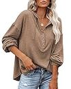 AUSELILY Hoodies for Women Long Sleeve V Neck Drawstring Loose Fit Button Down Pullover Casual Fall Tops Flexible Oversized XX-Large Khaki