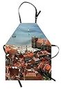 Ambesonne European Apron, View of Central Lisbon Portugal with Rooftops and Sea Old Town Nostalgic City, Unisex Kitchen Bib Apron with Adjustable Neck for Cooking Baking Gardening, Multicolor