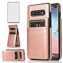Phone Case for Samsung Galaxy S10 with Tempered Glass Screen Protector and Credit Card Holder Wallet Cover Stand Leather Cell Accessories Glaxay S 10 Edge Gaxaly 10S GS10 X10 Cases Women Rose Gold