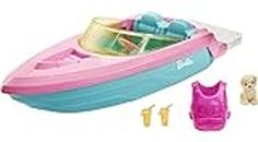 Barbie Boat with Puppy and Themed Accessories, Fits 3 Dolls, Floats in Water, Great Gift for 3 to 7 Year Olds, GRG29