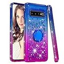 for Samsung Galaxy S10 Plus Case, CrazyLemon Bling Heart Shape Quicksand & Full Side Rhinestone Design Blue + Purple Shockproof Soft Silicone TPU Case with Ring Holder Kickstand for Girls Women - 08