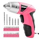 Hi-Spec 27 Piece Pink 4.8V Cordless Power Electric Screwdriver Set. Rechargeable Battery Screwdriving with 23 Popular Bit Sizes for The Home & Office