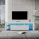 Holaki LED TV Stand,Modern High Gloss TV Console with 20 Color LEDs/Remote Control Lights,Media Console Entertainment Center for Up to 80 inch TV,Wood TV Cabinet with 2 Drawers & Open Shelves (White)