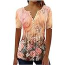 tunics or tops to wear with leggings Summer Tops For Women 2024 Trendy Boho Floral Print Tunic Shirts Short Sleeve Button v Neck Tshirt Casual Loose Blouse summer blouses for women Orange L