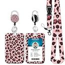 ID Badge Holder with Lanyard, Pink Leopard Print Lanyards for Id Badges, Retractable ID Badge Holder with Detachable Lanyard, Badge Reel Heavy Duty with Carabiner Clip, Nurse Teacher Office