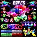 JAT RRBD 82PCs LED Light Up Toys Party Favors,Birthday Glow in the Dark Party Supplies for Boys,Girls Kids/Adults,with 5 Glasses,40 Finger Lights,12 Bamboo Dragonflies,5 Bracelets,5 Whale Finger Lights,5 Wrist Strap,5 Spinning Tops and 5 Hairpin