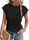 EVALESS Womens Short Sleeve Tops Summer Round Neck T Shirts 2024 Trendy Spring Loose Plain Knit Textured Tops Ladies Casual Tee Blouses Clothes Black Medium