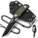Omesio Tanto Neck Knife, Small Fixed Blade Knife with Kydex Sheath and Clip, Full Tang 6" Neck Knife with Sheath and Necklace, Mini Tactical EDC Knife D2 Steel G10 Handle(Black Steel+ Green Handle)