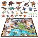 CUTE STONE Dinosaur Toys with Large Activity Play Mat, Dino Figures Playset with Trees, Eggs, Stone to Create a Dinosaur World, Including T-Rex, Triceratops, Great Dino Gift Toy for Kids Boys