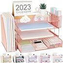 OPNICE Desk Organizers and Accessories, Paper Letter Tray Organizer with 2 Pen Holders and File Holder, File Organizer and Storage, 4-Tier Office Desk Accessories for Office Supplies(Rose Gold)