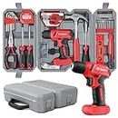Hi-Spec 58pc Red 8V Electric Drill Driver & Household Tool Kit Set. A DIY Cordless Power Screwdriver