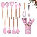 FIOUSY Kitchen Utensil Set, 12 PCS Silicone Cooking Utensils Set with Wooden Handle, Heat Resistant, Nonstick Cookware Tongs Spatula Spoon Set, Dishwasher Safe, Best Kitchen Tools (Pink)