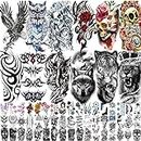 80 Sheets Temporary Tattoos Stickers, Fake Body Arm Chest Shoulder Tattoos for Men and Women, Halloween Temporary Tattoos Black Fake Skull Skeleton Tattoos for Halloween Cosplay