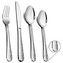 Cutlery Set, Stainless Steel 32 Piece Flatware Set for 8, Hammered Design Silverware Set for Big Family/Camping/Picnic, Eating Utensils with Knife Fork Spoon, Mirror Polish & Dishwasher Safe