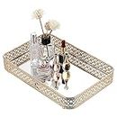 ELLDOO Perfume Tray Mirror Tray Makeup Vanity Tray Hollow-Carved Jewelry Tray Glass Metal Trinket Storage Tray Home Organizer Decorative Tray for for Dresser Bathroom Countertop,Gold, Medium Size
