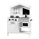 Bopeep Solid Wood Kids Pretend Kitchen Playset with 5 Pieces Furniture, Interactive Gas Burner Knob with Sound, Swivel Faucet, Rounded Edges for Safety-Solid and Durable(60cm x 30cm x 90cm, White)