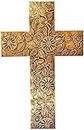Purpledip Wooden Wall Cross: Handmade Mangowood Plaque With Embossed Metal Sheet, Gold (11445)