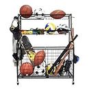 All-in-one Ball Storage Rack Metal Garage Sports Equipment Storage Organizer Basketball Holder Cart 91x42x116.5cm w/Wheels Hooks,Indoor Outdoor