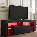 SIRHONA Meuble TV LED Noir, Banc TV 140x35x51cm, Éclairage LED RGB avec Couleur réglable, Capacité de Charge 30 kg, Convient pour Salon ou Chambre