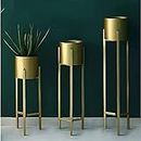 M/S Elite Craft Overseas Set of 3 Mid Century Brass Gold Large Planters with Black Metal Stand, Standing Metal Pot for Fig Tree,|| Snake Plant & Palm,|| Tall Floor Tree Planter, Modern Decoration