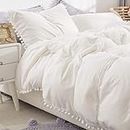 WONGS BEDDING White Duvet Cover King Pompoms Tassels Design Soft Washed Microfiber with Zipper Closure (White, King)