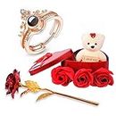 University Trendz I Love You 100 Language Loving Crown Ring with Artificial Red Rose & Soft Teddy Bear with Flower Box for Girlfriend, Wife, Lovers Romantic Gift for Valentine Day (Rose Gold)