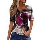 Short Sleeve Tops for Women V Neck Plus Size Blouse Tees Casual 2024 Summer T Shirt Button Fashion Printed Pullover Black Dress Shirt Women Short Sleeve（2-Dark Purple,2XL）