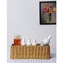 AKWAY Handmade Basket Bathroom Vanity Tray, Kitchen Counter top Storage Shelf Coffee Table Decorative Tray Cosmetic Organizer Display Holder (14 L x 4.5 W x 4.5 H), Rectangular, Rattan & Wicker