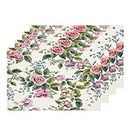 Shrahala Pink Plant Floral Placemats, Blue Abstract Roses Table Mat Linen Burlap Washable Double-Deck Heat Insulation for Dining Table Kitchen Table Set of 4 (12 x 16 inch)