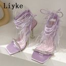 Summer Tassels Feather Decor Women Crystal High Heels Sandals Sexy Lace Up Shoes
