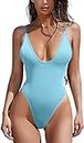 Dream X Fashion Women's Sexy Plunging V Neck Bathing Suit Open Back One Piece Swimsuits (L, Light Blue)