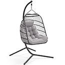 Yaheetech Rattan Egg Swing Chair, Garden Patio Swing Chair, Indoor/Outdoor Hanging Hammock with Cushion & Cover, Sturdy Steel Frame, Capacity 159 kg, Black & Grey