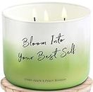 Green Apple Peach Blossom 3-Wick Scented Candle - Large Spring Candles for Home 15.8 oz - Calming Aromatherapy Soy Candles for Women & Men, Uplifting Gift Quote Candle Bloom Into Your Best Self