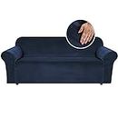 Smarcute Thick Velvet Stretch Sofa Cover Couch Cover for Living Room Sofa Slipcover Furniture Cover with Non Slip Elastic Bottom, Soft Spandex Fabric Washable (3 Seater, Navy)