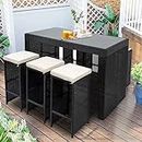 Crosley 7 Piece Outdoor Patio Furniture Wicker Bar Set with 6 Cushioned Stools for Garden Porch Lawn(Black and Cream)