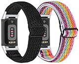 TenCloud 2-Pack Bands intended for Fitbit Charge 5 Women Men Waterproof Elastic Stretchy Loop Soft Nylon Strap Replacement Bands intended for Charge 5 Activity Tracker (Black,Rainbow)