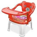 Tony Stark Plastic Chu-Chu Musical Baby Chair || Feeding Chair with Removable Tray || Soft Cushion Seat & High Backrest with Teddy Bear Design Study Table ||Strong and Portable High Musical Baby Chair for Kids, Toddlers, and Babies || 1-4 Years, Upto 30 Kgs - Red