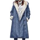 lcziwo Womens Trendy Sherpa Lined Trench Coat Winter Chunky Long Sleeve Horn Buckle Hooded Snow Outwear with Pocket, Blue, Medium