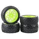 Rowiz RC Tires, 2PCS Front and 2PCS Rear Green Wheel Rim Rubber Tires for 1:10 RC Off-Road Buggy Traxxas Bandit Tornado Team Associated Kyosho HSP Tamiya