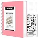 AHGXG Bullet Dotted Journal Spiral Notebook - Large A4 Dotted Notebook 8.5''×11'', 300 Pages Dot Grid Notebook, 100gsm Thick Paper, Plastic Hardcover, with Journal Stencils - Pink