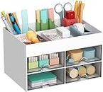 HOME CUBE Plastic Multi-Functional Desk Organizer With 4 Compartments&4 Pull Out Drawer Desktop Office Supplies Stationery Storage Box Cosmetic Organizer For Pens Staplers Clips Sticky Notes - White